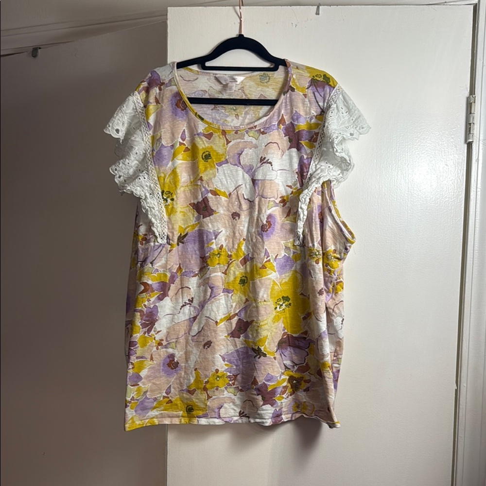 LC Lauren Conrad Yellow & Lavender Floral Lace Sleeve Top